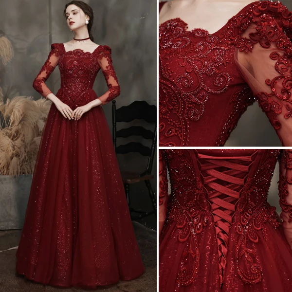 Classic Burgundy Beading Sequins Evening Dresses 2023 A-Line / Princess Square Neckline 3/4 Sleeve Backless Floor-Length / Long Evening Party Formal Dresses