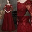 Classic Burgundy Beading Sequins Evening Dresses 2023 A-Line / Princess Square Neckline 3/4 Sleeve Backless Floor-Length / Long Evening Party Formal Dresses