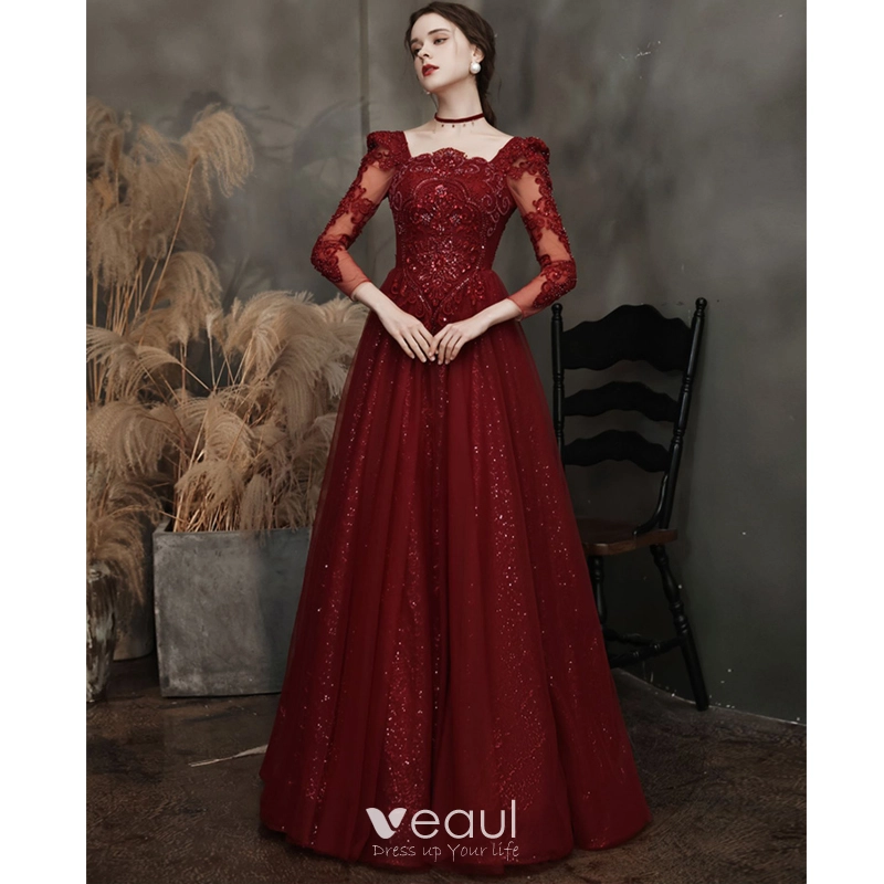Lace Square Burgundy Evening Dress With Beadings & Belt Lace Square Burgundy Evening Dress With Beadings & Belt