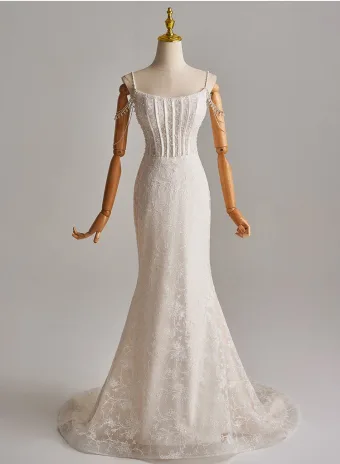 Modest Simple Ivory Pearl Sequins Lace Light Wedding Dresses 2025 Trumpet Mermaid Spaghetti Straps Sleeveless Backless Sweep Train