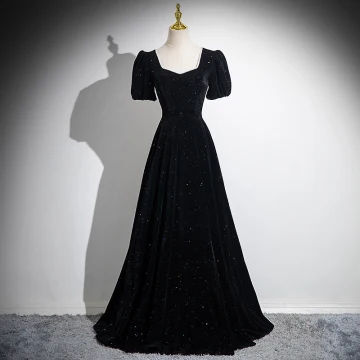 Elegante Schwarz Glanz Ballkleider 2024 A Linie Eckiger Ausschnitt Kurze Ärmel Rückenfreies Lange Festliche Kleider