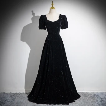 Elegant Black Glitter Prom Dresses 2024 A Line Princess Square Neckline Short Sleeve Backless Floor Length Long Formal Dresses