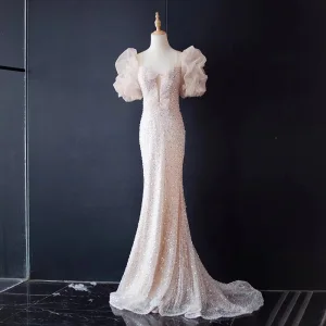 Charmant Rougissant Rose Perlage Perle Paillettes Robe De Soirée 2024 Trompette Sirène Encolure Carrée Noeud Gonflée Manches Courtes Train De Balayage Soirée Robe De Ceremonie