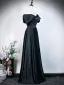 Modest / Simple Black Evening Dresses  2026 A-Line / Princess Off-The-Shoulder Short Sleeve Backless Floor-Length / Long