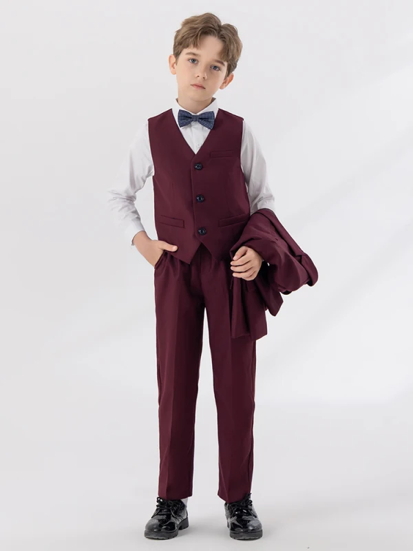 Bordeaux 5 pièces Manches Longues Costume Garçon Mariage 2024 Manteau Pantalon Chemise Cravate Gilet