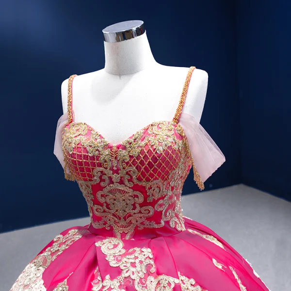 Fancy Fuchsia Multi-Colors Prom Dresses 2022 Ball Gown Spaghetti Straps Sleeveless Backless Beading Lace Flower Sequins Satin Chapel Train Formal Dresses