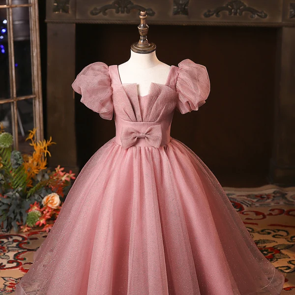 Chic / Belle Rougissant Rose Anniversaire Robe Ceremonie Fille 2024 Robe Boule Encolure Carrée Gonflée Manches Courtes Dos Nu Longue