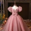 Chic / Belle Rougissant Rose Anniversaire Robe Ceremonie Fille 2024 Robe Boule Encolure Carrée Gonflée Manches Courtes Dos Nu Longue