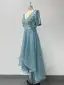 Simple Bleu Paillettes Asymétrique Robe De Bal 2024 Princesse V-Cou Manches Courtes Promo Robe De Ceremonie