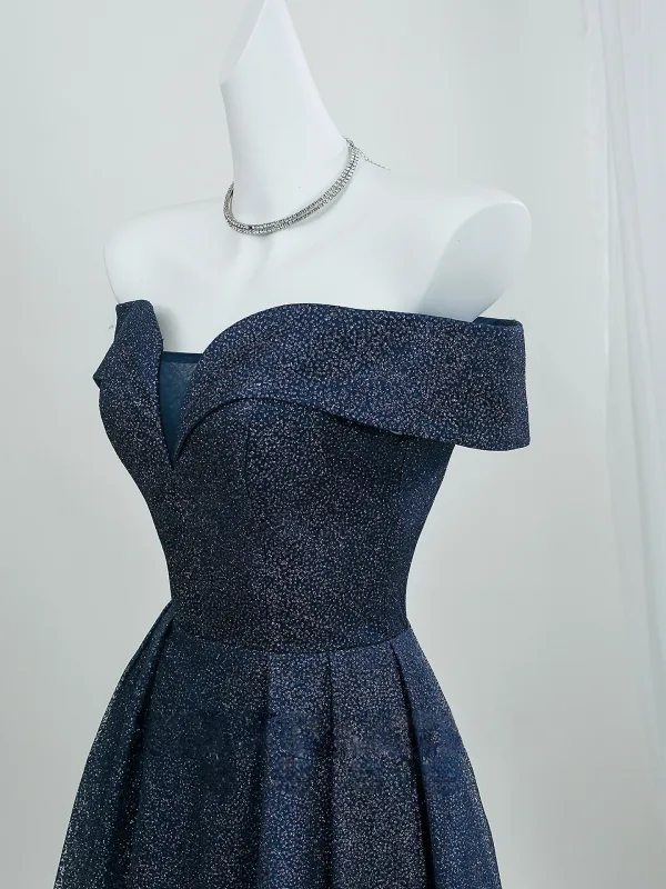 Schnittig Marineblau Glanz Sternenklarer Himmel Ballkleider 2026 A Linie Off Shoulder Ärmellos Rückenfreies Lange Festliche Kleider