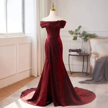 Chic Beautiful Burgundy Backless Split Front Prom Dresses 2024 Trumpet Mermaid Off The Shoulder Sleeveless Court Train Prom Formal Dresses