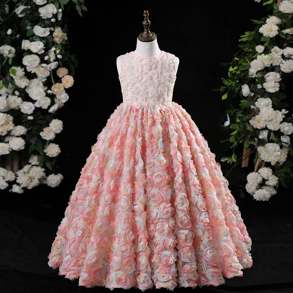 Flower Fairy Sky Blue Beading Pearl Appliques Birthday Flower Girl Dresses 2024 A-Line / Princess Scoop Neck Sleeveless Floor-Length / Long Tulle