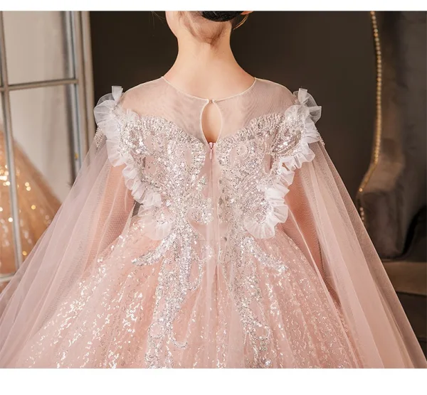 Sparkly Blushing Pink Beading Sequins Birthday Flower Girl Dresses 2025 Ball Gown Scoop Neck Short Sleeve Floor-Length / Long