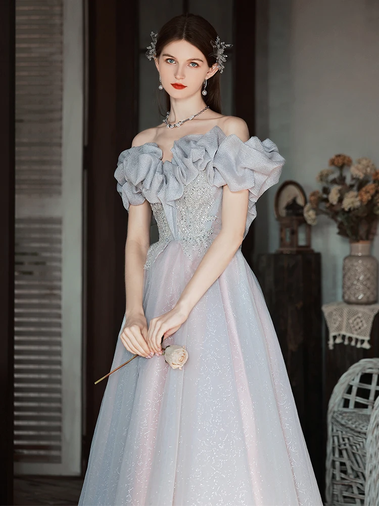 Chic Beautiful Grey Sequins Prom Dresses 2022 A Line Princess Off The  Shoulder Ruffle Short Sleeve Backless Floor Length Long Prom Formal Dresses