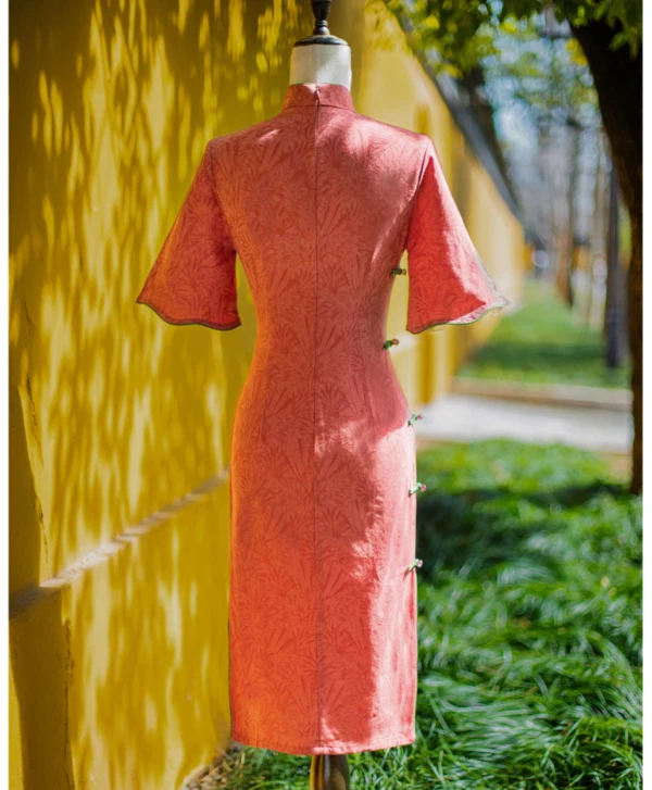 Chinese style Watermelon Tea-length Prom Cheongsam 2024 Trumpet / Mermaid High Neck Bell sleeves