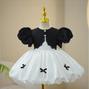 Mode Noire Perle Noeud Courte Anniversaire Robe Ceremonie Fille Robe Boule 2023 Col Haut Gonflée Manches Courtes