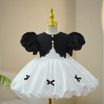 Mode Noire Perle Noeud Courte Anniversaire Robe Ceremonie Fille Robe Boule 2023 Col Haut Gonflée Manches Courtes