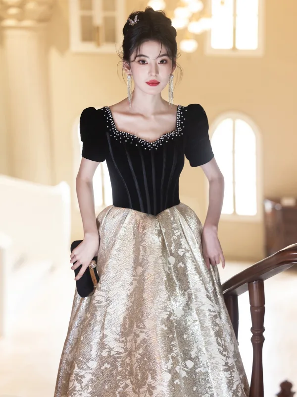 Charming Black Pearl Glitter Prom Dresses 2025 A-Line / Princess Square Neckline Short Sleeve Backless Floor-Length / Long Formal Dresses