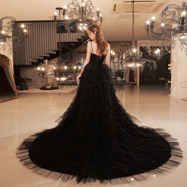 Sexy Black Cascading Ruffles Prom Dresses 2022 A-Line / Princess V-Neck Sleeveless Backless Floor-Length / Long Prom Formal Dresses