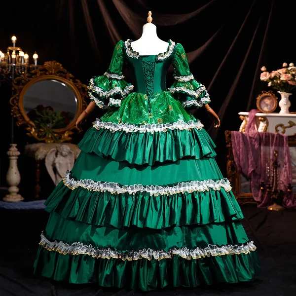 Medieval Vintage / Retro Dark Green Lace Flower Sequins Bow Prom Dresses 2025 Ball Gown Square Neckline Bell sleeves Floor-Length / Long Prom Formal Dresses