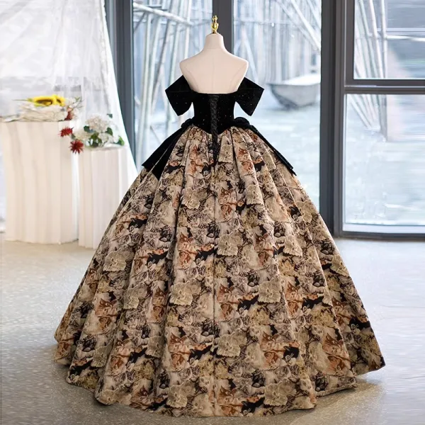 Vintage / Retro Black Printing Sequins Prom Dresses 2023 Ball Gown Strapless Short Sleeve Backless Bow Floor-Length / Long Prom Formal Dresses