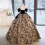 Vintage / Retro Black Printing Sequins Prom Dresses 2023 Ball Gown Strapless Short Sleeve Backless Bow Floor-Length / Long Prom Formal Dresses