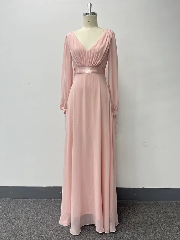 Simple Rougissant Rose Chiffon Robe De Bal 2024 Princesse V-Cou Manches Longues Dos Nu Longue Promo Robe De Ceremonie