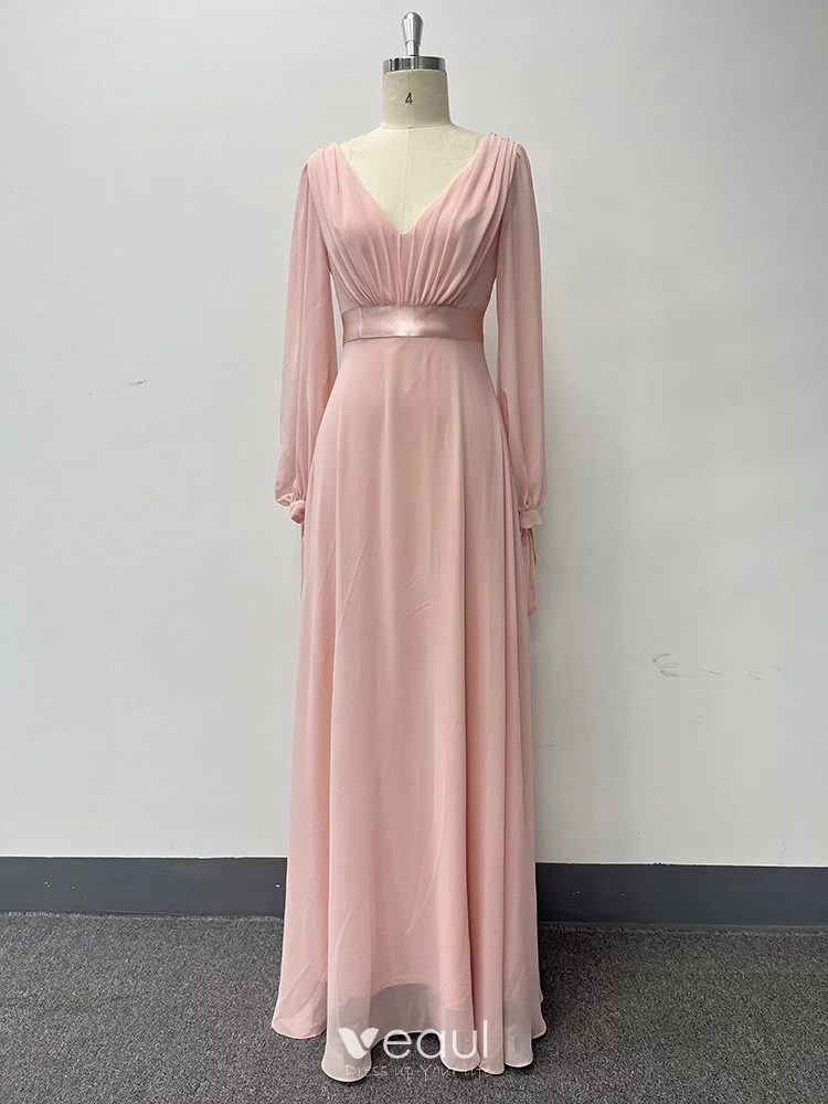 Modest / Simple Blushing Pink Chiffon Prom Dresses 2024 A-Line / Princess  V-Neck Long Sleeve Backless Floor-Length / Long Prom Formal Dresses