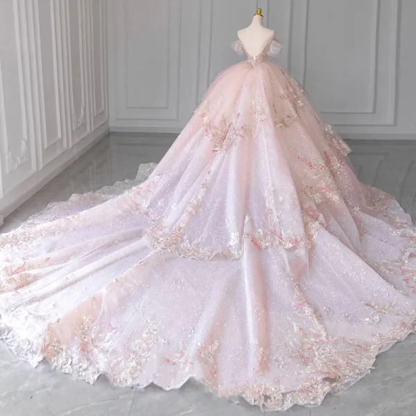 Charming Blushing Pink Beading Rhinestone Pearl Sequins Lace Flower Wedding Dresses 2024 Ball Gown Off-The-Shoulder Short Sleeve Backless Royal Train Wedding