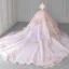Charming Blushing Pink Beading Rhinestone Pearl Sequins Lace Flower Wedding Dresses 2024 Ball Gown Off-The-Shoulder Short Sleeve Backless Royal Train Wedding