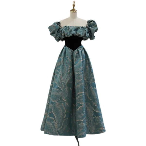 Vintage / Retro Ink Blue Prom Dresses 2022 A-Line / Princess Square Neckline Puffy Short Sleeve Backless Floor-Length / Long Prom Formal Dresses