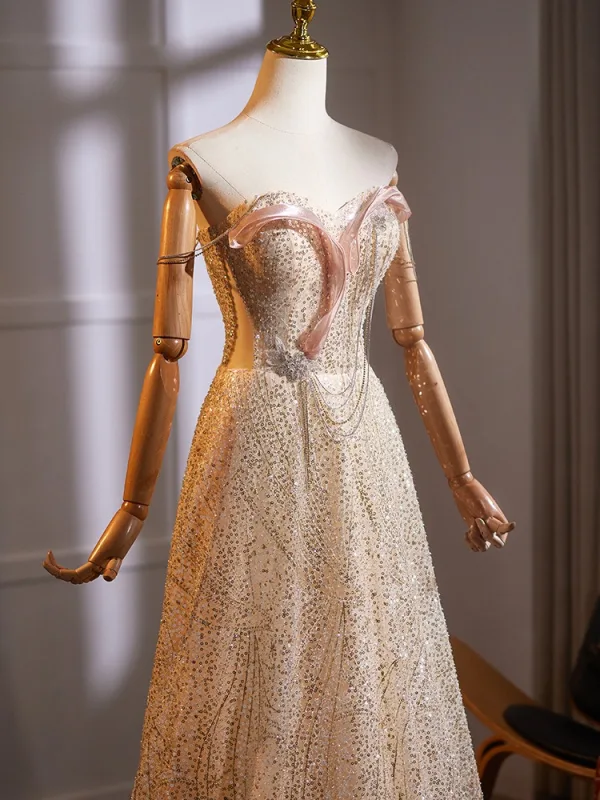 Glitzernden Champagner Perlenstickerei Pailletten Ballkleider 2025 A Linie Bandeau Ärmellos Rückenfreies Lange Tülle Festliche Kleider