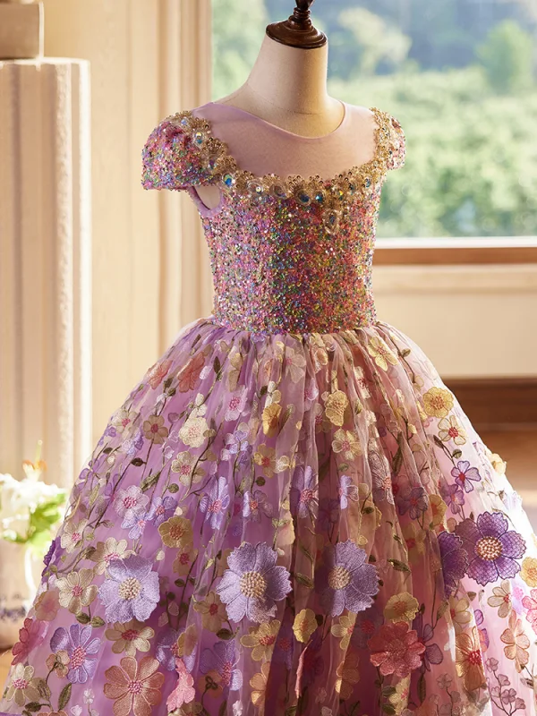 Flower Fairy Lavender Lace Flower Birthday Flower Girl Dresses 2024 Ball Gown Scoop Neck Cap Sleeves Backless Floor-Length / Long