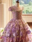 Flower Fairy Lavender Lace Flower Birthday Flower Girl Dresses 2024 Ball Gown Scoop Neck Cap Sleeves Backless Floor-Length / Long