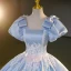 Elegant Sky Blue Satin Beading Pearl Lace Flower Prom Dresses 2023 Ball Gown Square Neckline Puffy Short Sleeve Bow Backless Floor-Length / Long