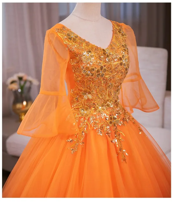 Chic / Beautiful Ocean Blue Sequins Prom Dresses 2024 Ball Gown V-Neck Bell sleeves Backless Floor-Length / Long Tulle Prom Formal Dresses