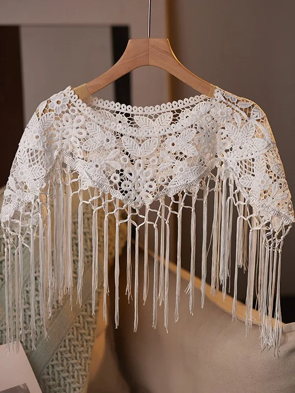 Vintage / Retro White Lace Flower Tassel shawl Casual 2025