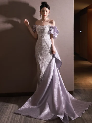 Sexy Lavande Perlage Perle Robe De Soirée 2024 Trompette Sirène De L Épaule Manches Courtes Dos Nu Noeud Train De Balayage Soirée Robe De Ceremonie