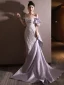Sexy Lavendel Perlenstickerei Perle Abendkleider 2024 Meerjungfrau Off Shoulder Kurze Ärmel Rückenfreies Schleife Sweep / Pinsel Zug Abend Festliche Kleider