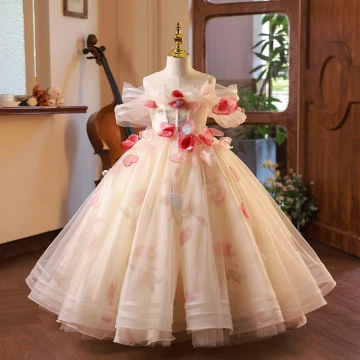 Élégant Champagne Appliques Anniversaire Robe Ceremonie Fille 2023 Robe Boule De L Épaule Manches Courtes Dos Nu Longue