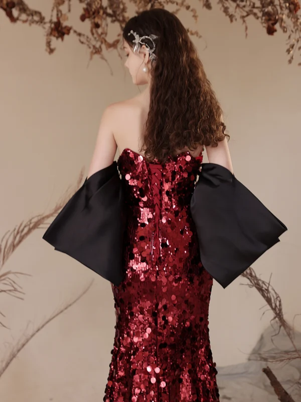 Charming Burgundy Sequins Evening Dresses 2024 Trumpet / Mermaid Strapless Short Sleeve Backless Floor-Length / Long Evening Party Formal Dresses