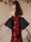 Charming Burgundy Sequins Evening Dresses 2024 Trumpet / Mermaid Strapless Short Sleeve Backless Floor-Length / Long Evening Party Formal Dresses