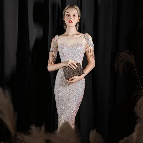 Sparkly Beige Sequins Evening Dresses 2022 Trumpet / Mermaid Scoop Neck Beading Tassel Sleeveless Backless Floor-Length / Long Evening Party Formal Dresses