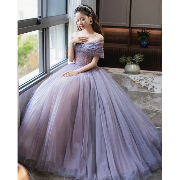 Chic / Beautiful Lavender Beading Pleated Prom Dresses 2023 A-Line / Princess Off-The-Shoulder Short Sleeve Backless Floor-Length / Long Prom Formal Dresses