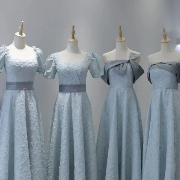 Modest / Simple Sky Blue Bridesmaid Dresses 2022 A-Line / Princess Short Sleeve Backless Tea-length Bridesmaid Dresses