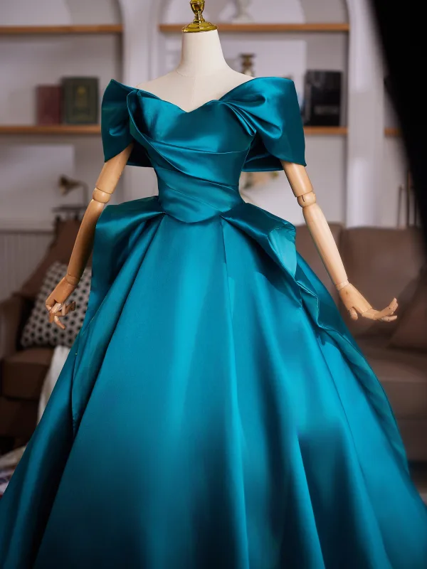 Vintage / Retro Ink Blue Satin Prom Dresses 2025 Ball Gown Off-The-Shoulder Short Sleeve Backless Sweep Train Formal Dresses