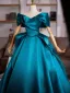 Vintage / Retro Ink Blue Satin Prom Dresses 2025 Ball Gown Off-The-Shoulder Short Sleeve Backless Sweep Train Formal Dresses