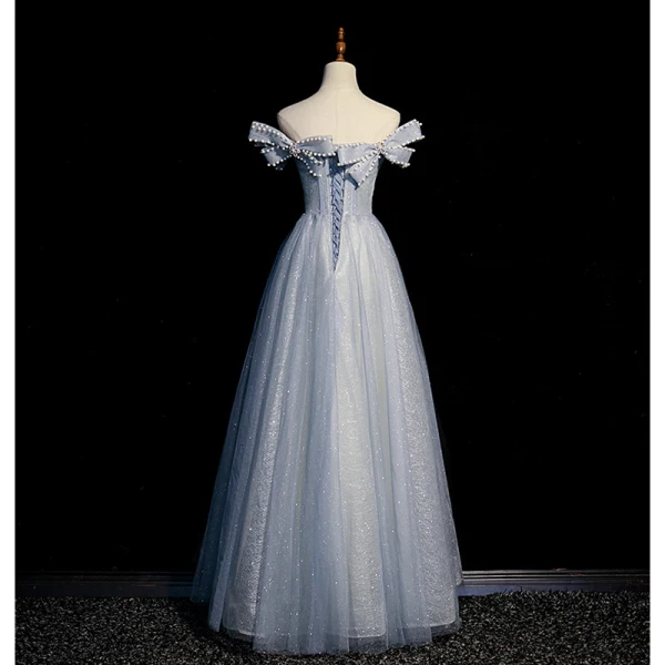 Charmant Bleu Ciel Glitter Paillettes Robe De Soirée 2023 Princesse Bustier Perle Noeud Sans Manches Dos Nu Longue Robe De Ceremonie