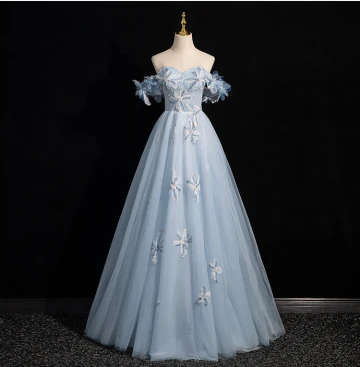 Chic Belle Bleu Ciel Perlage Appliques Robe De Bal 2024 Princesse De L Épaule Sans Manches Dos Nu Longue Promo Robe De Ceremonie