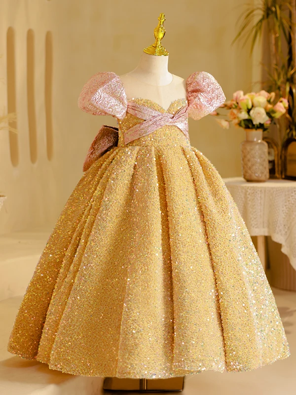 Bling Bling Gold Beading Sequins Birthday Flower Girl Dresses 2024 Ball Gown Scoop Neck Puffy Short Sleeve Backless Bow Floor-Length / Long